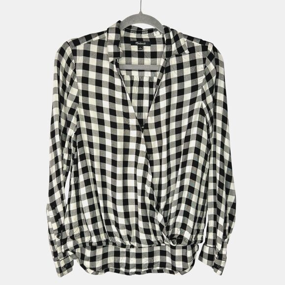 Madewell Tops - Madewell Buffalo Check Plaid Wrap Front Shirt Size Small Black White
